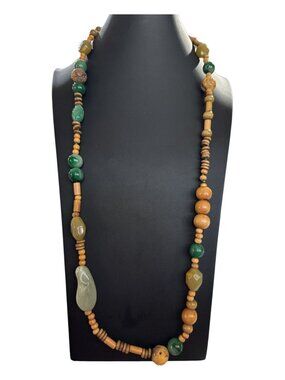 Laila Rowe Wood & Stone Beaded Necklace, Natural Earth Tone Jewelry, Boho Artisa